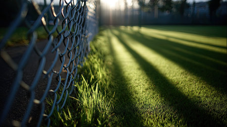 The view of a football pitch through a metal fence with patterned shadows from the mesh falling onto the grassの素材