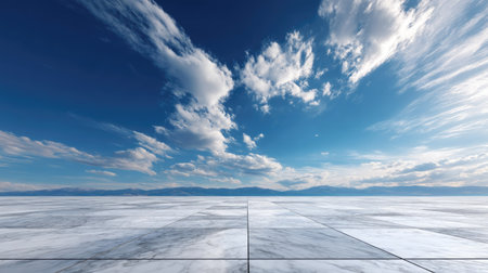 Wide-angle view of a clean marble floor stretching into the distance under a vibrant blue sky with scattered cloudsの素材