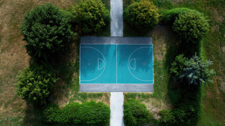 Top-down aerial shot of an empty painted court surrounded by green grassの素材