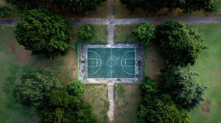 Top-down aerial shot of an empty painted court surrounded by green grassの素材