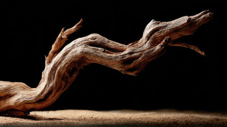 Weathered dead tree limb with twisted form, placed on a black matte background with top-down lightingの素材