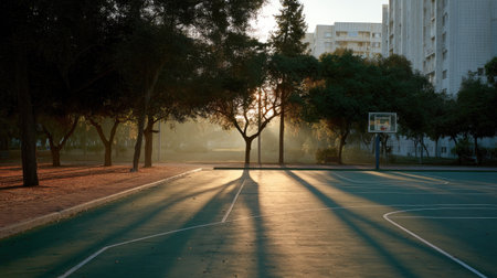 Wide view of an outdoor court early in the morning with long shadows and no activityの素材