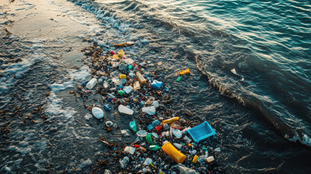 Coastal ocean water polluted with plastic packaging, disposable cutlery, and fragments washed ashore, indicating urgent cleanup needs.の素材