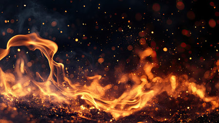 Close-up of glowing fire flame with scattering sparks on a dark black backdrop, symbolizing power, warmth, and motionの素材