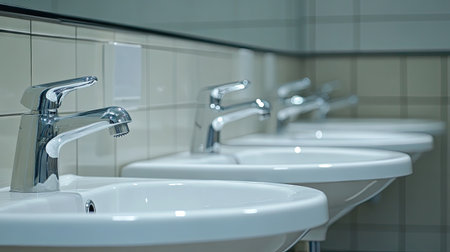 Close-up of multiple sink basins with chrome taps in a public toilet, highlighting hygiene and modern designの素材