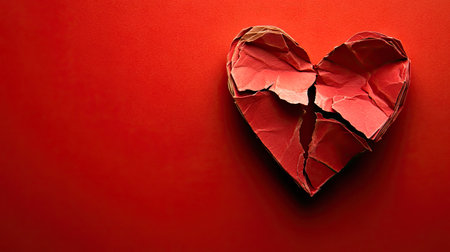 Torn paper heart on a red background symbolizing heartbreak, emotion, and love concept in a simple compositionの素材