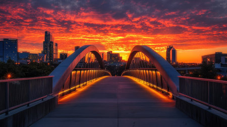 Vibrant sunset behind a modern urban bridge, city skyline in the background, lights beginning to glow as the sky turns fiery orange.の素材