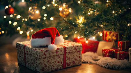 Christmas morning atmosphere with Santa hat resting on a beautifully wrapped gift under a large green Christmas tree with twinkling lightsの素材