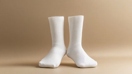 White cotton socks placed side by side on plain background, minimal product photography for online store displayの素材