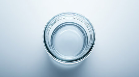 Top view of open empty glass jar on clean background, showcasing round opening and reflective surface for design or mockup purposesの素材