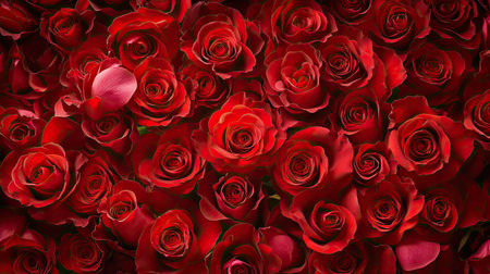 Close-up of a dense cluster of red roses, filling the frame with petals and rich textures, creating a romantic and vibrant floral backgroundの素材