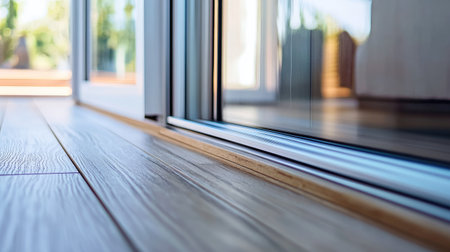 Close-up of sliding glass door hardware and rail embedded in wooden floor, highlighting craftsmanship and modern home designの素材