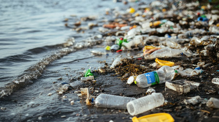 Coastal ocean water polluted with plastic packaging, disposable cutlery, and fragments washed ashore, indicating urgent cleanup needs.の素材