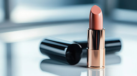 Close-up of a stylish lipstick tube with soft reflection on white surface, highlighting modern cosmetic packagingの素材