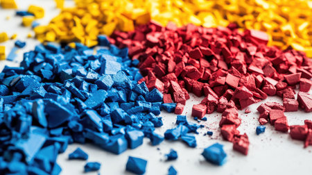 Close-up of vibrant red, blue, and yellow plastic pigments scattered on a white background, showcasing bright colors and fine texture for industrial use.の素材
