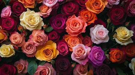 Dense cluster of multi-colored roses in bloom, captured close-up for vibrant, textured, and decorative floral backgroundの素材