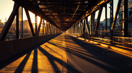 Evening shot of a road under a steel bridge, warm sunlight highlighting the metal construction and casting long shadows on the pavement.の素材