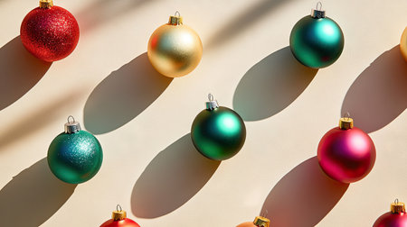 Colorful Christmas baubles arranged on a clean background, casting bold and dramatic hard shadows, creating a modern festive composition with strong lighting contrast.の素材
