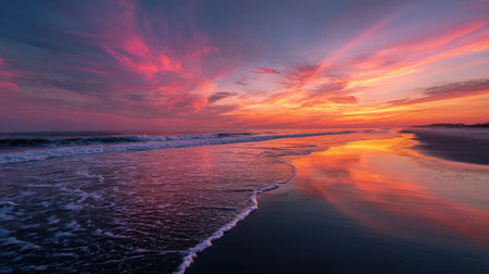The distant line where the ocean meets the sky, with a vibrant sunset casting hues of red, pink, and gold across the sceneの素材