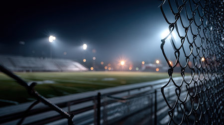 Through the metal mesh, a football field is visible, illuminated under bright stadium lights, with freshly marked lines and empty bleachersの素材