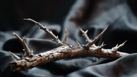 Weathered branch with cracked bark and sharp tips placed on deep black cloth with soft overhead lightの素材
