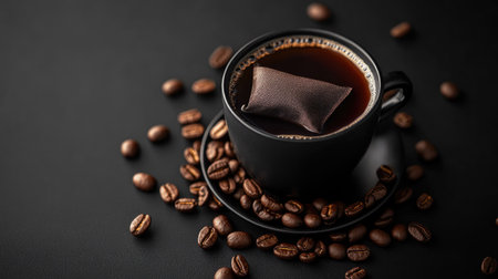 Drip coffee bag placed in a cup of hot water, surrounded by scattered beans on matte black background, modern minimal styleの素材