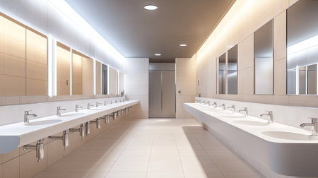 Empty public washroom showing row of sinks with mirrors and overhead lights, spacious and clean interior designの素材