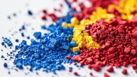 Close-up of vibrant red, blue, and yellow plastic pigments scattered on a white background, showcasing bright colors and fine texture for industrial use.の素材