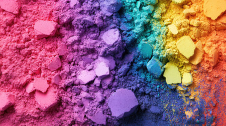 Creative composition of mixed plastic pigments in rainbow colors on a neutral surface, fine powder texture visible, ideal for industrial and art visuals.の素材