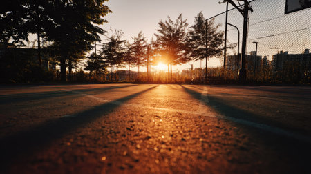 Wide-angle shot of a deserted outdoor basketball court at sunset, shadows stretching across the surfaceの素材
