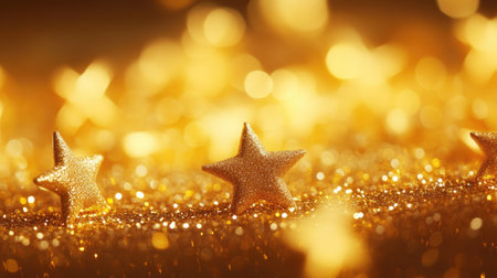 Glowing Christmas stars scattered across a golden background, soft focus lights creating a festive and elegant compositionの素材