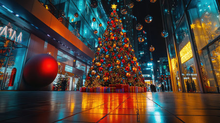 Large Christmas tree decorated with LED lights and bright ornaments in front of a shopping mall at night, creating a festive urban scene.の素材