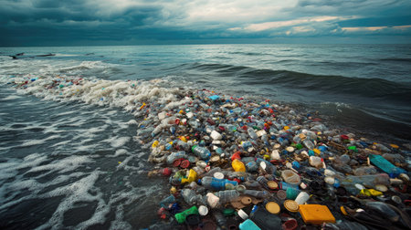 Plastic garbage scattered along the ocean surface, waves pushing colorful debris like bottle caps and containers toward the horizon.の素材