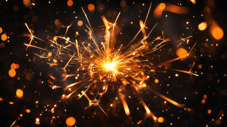 Fireworks sparkle burst captured in motion with glowing embers and light trails isolated on dark black backgroundの素材