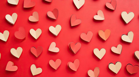 Small paper hearts forming a pattern across a red backdrop, symbolizing togetherness, love, and joy in a minimal aestheticの素材