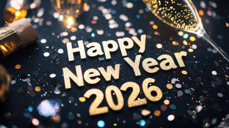 Festive confetti and champagne sparkle around shiny Happy New Year  text on a dark background, reflecting party atmosphere and joy.の素材