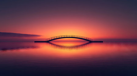 Minimalist bridge silhouette with glowing sunset behind, calm waters below mirroring the orange and purple sky for peaceful composition.の素材