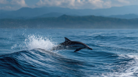 Striped dolphin caught leaping in front of distant waves, celebrating the beauty of marine lifeの素材