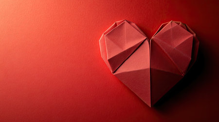 Origami paper heart placed on red background with soft light and subtle shadows, representing love and affectionの素材
