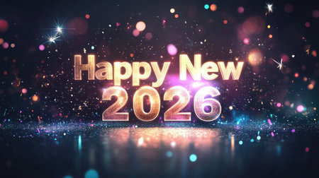 Futuristic glowing Happy New Year  digital text surrounded by light trails and holographic sparkles, on a sleek dark gradient background.の素材