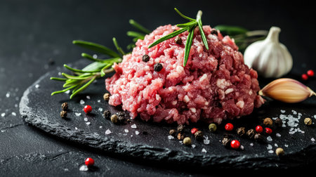 Fresh raw minced beef and pork meat placed on a black stone surface, garnished with rosemary, garlic, and peppercorns for a rustic cooking conceptの素材