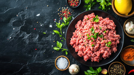 Ground meat mixture of beef and pork on black textured background, surrounded by seasoning ingredients for cooking recipe conceptの素材