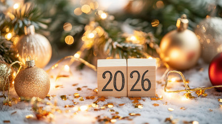 Holiday party ambience featuring wooden number blocks  among confetti, golden ornaments, and soft glowing string lights.の素材