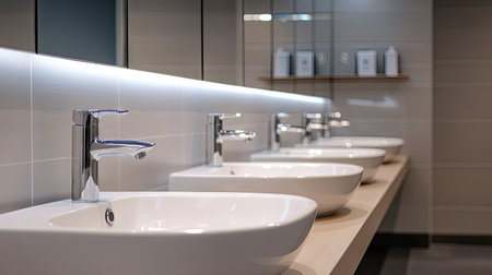 Row of white ceramic sinks in a public restroom, each with chrome faucets and soap dispensers, minimal and clean layoutの素材