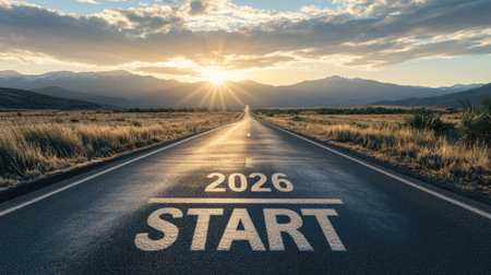 Long empty highway with  START painted on the asphalt, leading toward mountains under a dramatic sunrise sky, symbolizing a fresh New Year journey.の素材