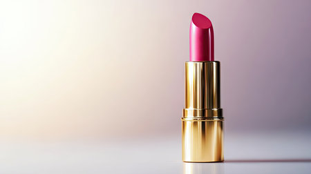 High-end lipstick tube in vibrant pink color, standing on white background with soft studio lighting and reflectionの素材