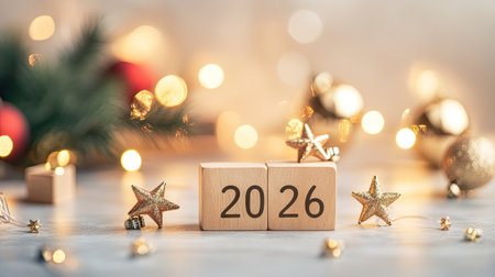 Minimal wooden blocks showing  against a clean backdrop, surrounded by tiny stars and subtle holiday lights to symbolize new beginnings.の素材