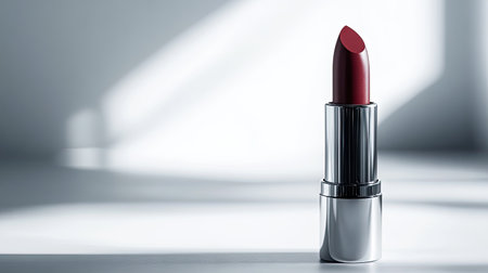 Minimalist beauty shot of a classic lipstick tube on a white surface, isolated with sharp focus on product detailsの素材