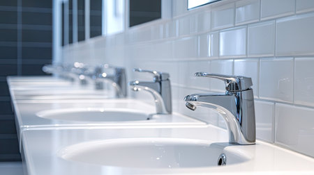 Row of white ceramic sinks in a public restroom, each with chrome faucets and soap dispensers, minimal and clean layoutの素材