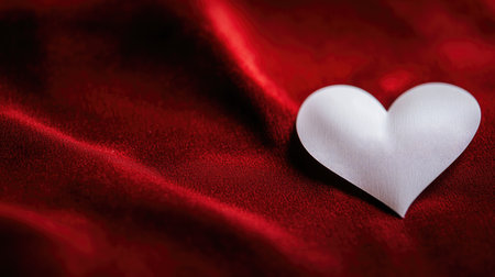 Paper heart cut from white sheet placed slightly off-center on red velvet surface, elegant composition with soft lightingの素材